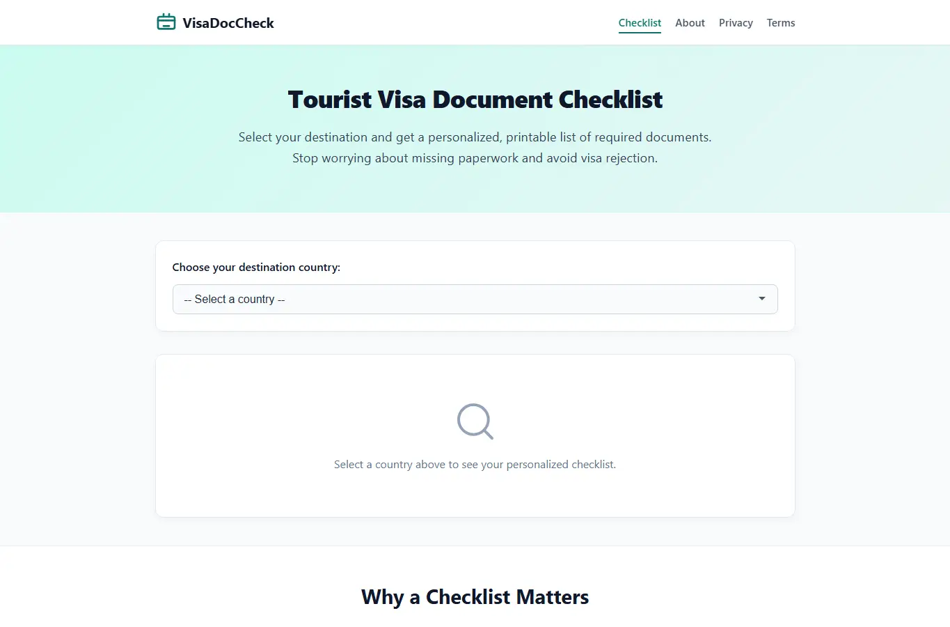 Screenshot of Travel Visa Doc Checklist interface showing the project page in use